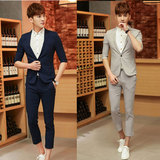 夏季韩版新款男士七分袖小西装休闲商务青年西服套装新郎结婚礼服