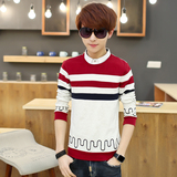 秋季青少年韩版假两件毛衣打底衫修身外套假两件衬衫领针织衫男潮