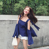 2016夏季新品韩国个性性感吊带衬衫女 宽松休闲棉麻款式衬衫t恤女