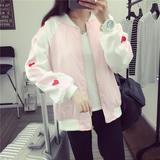 韩国东大门代购ulzzang棒球服 少女风粉色刺绣拼色薄款 外套上衣