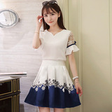 2016夏装韩版短袖大码小香风修身时尚印花连衣裙套装两件套A字裙
