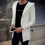 韩版青少年春秋季风衣男学生修身型纯色简约中长款连帽开衫外套潮