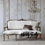 美式法式乡村 复古做旧三人沙发 亚麻布艺古董沙发 法式雕花长椅