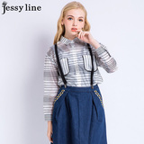 jessy line2016春装新款 杰茜莱百搭条纹显瘦雪纺长袖衬衫 女衬衣