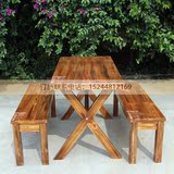 实木餐桌椅组合长条桌椅凳松木碳化火烧木餐桌餐凳长方形桌双人凳