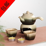 日式粗陶古陶侧把壶+底炉 蜡烛煮茶壶 一壶二杯两杯 陶瓷功夫茶具