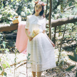 韩版夏季少女学生学院风长裙文艺小清新中长款蕾丝修身显瘦连衣裙