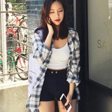 韩国2016秋装韩版宽松格子衬衫女bf风长袖中长款防晒衫学生上衣潮