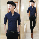 夏季韩版短袖衬衫男士纯色七分袖修身V领薄款休闲中袖衬衣男装潮