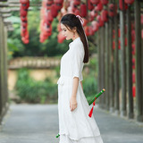 棉麻连衣裙2016年春装新款中国风古典改良汉服纯白仙女范连衣裙子