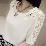 2016韩版韩国t恤雪纺衫中袖学生纯色蕾丝夏季夏天女宽松显瘦女装