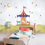 儿童房手绘气球背景墙壁纸 旋转木马温馨墙纸 幼儿园气球大型壁画