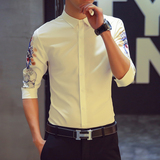 夏季韩版中袖衬衫男青年个性五分袖修身休闲发型师短袖寸衫男装