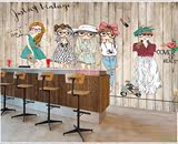 木纹大型壁画小资女孩时尚壁纸休闲咖啡站餐厅潮流服装店客厅墙纸