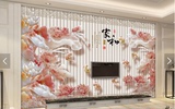 家和3D立体浮雕荷花九鱼聚福客厅电视背景墙墙纸壁画中式无缝墙布