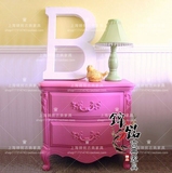 新古典实木雕花漆艺粉红色双抽床头桌后现代法式床头柜厂家直销