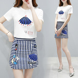 夏季韩版印花短袖T恤半身短裙两件套装高腰条纹显瘦包臀裙A字裙潮