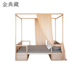 禅意免漆双人床现代中式老榆木架子床定制设计师设计实木床床头柜