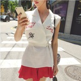 韩国夏季女装V领无袖系带马甲显瘦翻领薄款西装背心马夹显瘦外套