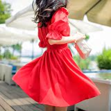 2016夏款新韩版 短袖收腰修身大红色一字领露肩性感连衣裙A字裙