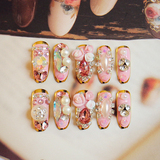 粉色金边陶瓷三花 24片宝珠新娘成品美甲 假指甲产品可爱贴片成品