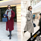 韩国2016新款复古宽大廓形羊毛外套女 oversize长款羊绒毛呢大衣