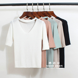 夏季韩版性感镂空V领冰丝中袖t恤女纯色修身薄款五分袖针织衫上衣