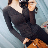 韩版2016秋季新款黑色V领紧身显瘦长袖上衣T恤修身打底衫女装大码