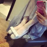 Mimi小姐 韩国人气大卖 可爱蝴蝶结装饰镂空小方头平跟单鞋 灰色