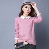 2016秋季女装韩版甜美花边袖假两件纯色针织衫翻领时尚毛衣打底衫