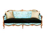 新古典实木单双三人布艺沙发组合简欧雕花法式复古做旧蓝色风情椅