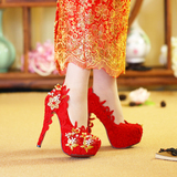 2016婚鞋红色高跟手工蕾丝蝴蝶花朵水晶新娘鞋结婚鞋子