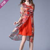 GX7644韩版复古民族风印花雪纺连衣裙大码假两件中长款裙子显瘦夏