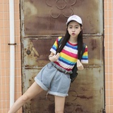 夏装韩国小清新学院风彩色条纹圆领套头短袖T恤女宽松打底衫上衣