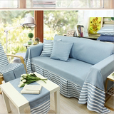 地中海欧式棉麻布艺沙发罩全盖防滑三人组合沙发巾套四季米色蓝色