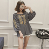 韩国版夏季宽松领口镂空系带黑白格子泡泡灯笼袖女士娃娃衬衫上衣