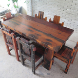 老船木餐桌餐台 餐厅全实木饭桌古船木长方形6/8人座仿古桌椅组合