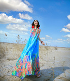 原创欧美夏装新款波西米亚度假海边沙滩无袖印花色大摆长裙连衣裙
