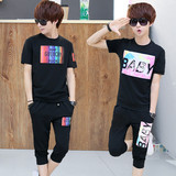 男士夏季潮流韩版短袖T恤修身baby同款夏天青少年休闲运动套装