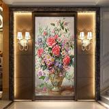 欧式复古玄关壁画油画花卉客厅走廊过道背景墙纸无缝整张背胶壁纸