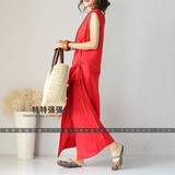 6940#红色 女装 真丝亚麻 侧系带低腰侧系扣不规则底边长款连衣裙