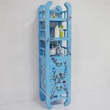 地中海实木蓝色彩绘卫浴边柜储物柜置物柜落地卫生间收纳柜立柜