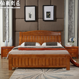全实木床1.8米1.5双人橡木简约现代中式卧室家具 橡木实木雕花床