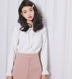 2016春季新款领口系带娃娃领韩版宫廷式长袖鹿皮绒衬衫女上衣