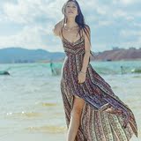 2016夏季新品棉麻抽象印花吊带露背系带连衣裙海边度假长裙沙滩裙