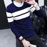毛衣假两件男韩版修身青少年衬衫领针织衫潮男学生衬衣领条纹毛衣
