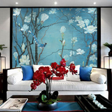 中式手绘玉兰花鸟壁纸卧室客厅沙发背景墙纸大型玄关无缝花卉壁画