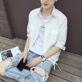 夏季潮牌韩国GD权志龙同款纯色中袖衬衣TB男女修身七分袖短袖衬衫