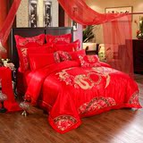 婚庆大红床上用品60s支贡缎提花四件套刺绣床单床盖款六八多件套