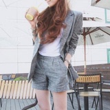2016夏韩版亚麻长袖小西装外套短裤套装OL棉麻西服两件套女秋包邮